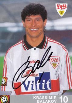 Krassimir Balakov  1996/1997 VFB Stuttgart Fußball Autogrammkarte original signiert hinten Violette Werbung 