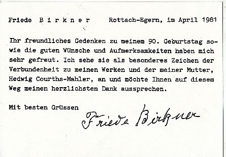Friede Birkner † 1985  Schriftstellerin  Literatur Blatt original signiert 