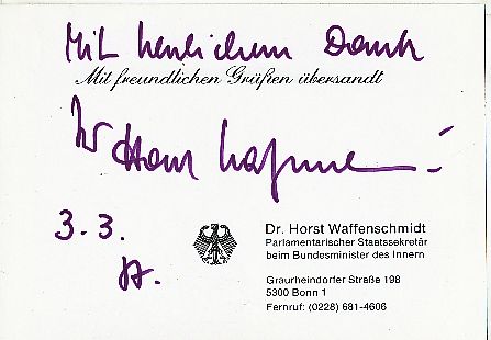 Horst Waffenschmidt † 2002  Politik  Autogramm Karte original signiert 