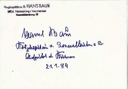 Hans Baur † 1993  Flugkapitän Militär Autogramm Karte  original signiert 