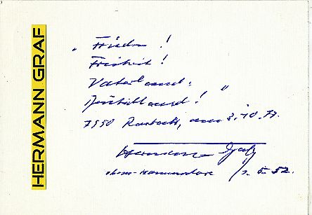 Hermann Graf † 1988  Jagdflieger  Militär Autogramm Karte  original signiert 