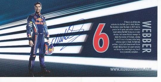 Mark Webber  Red Bull  Formel 1 Auto Motorsport  Autogrammkarte  original signiert 