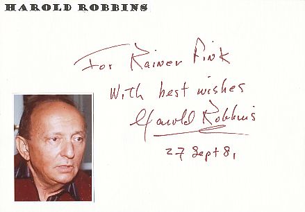 Harold Robbins † 1997  USA  Schriftsteller  Literatur Karte original signiert 