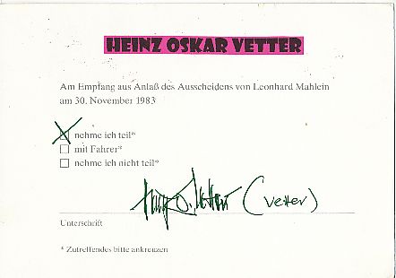 Heinz Oskar Vetter † 1990  Politik Autogramm Karte original signiert 