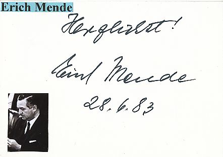 Erich Mende † 1998  Politik Autogramm Karte original signiert 