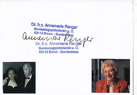 Annemarie Renger † 2008  Politik Autogramm Karte original signiert 