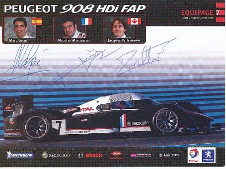 Jacques Villeneuve & Marc Gene & Nicolas Minassian  Peugeot  Auto Motorsport  Autogrammkarte  original signiert 