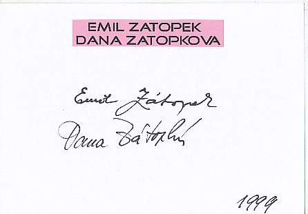 Dana Zatopek † 2020 & Emil Zatopek † 2000 CSSR 4 x Olympiasieger 1948 + 1952  Leichtathletik  Autogramm Karte original signiert 