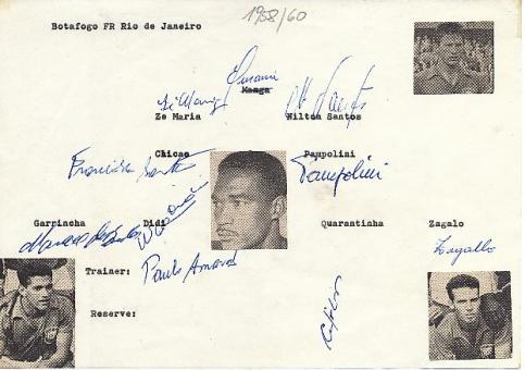 Garrincha † 1983 Brasilien Weltmeister WM 1958 & 1962  dazu Didi & Mario Zagallo & Ze Maria & Nilton Santos  usw.  Team Botafogo FR 1958  Fußball  Autogramm Blatt original signiert 