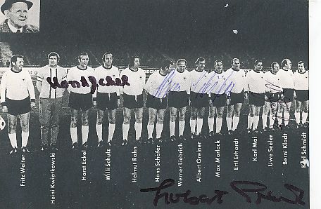 DFB  Mannschaftskarte 50er Team  Hans Schäfer,Horst Eckel,Uwe Seeler,Herbert Erhardt  Fußball  Autogrammkarte  original signiert 