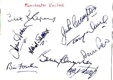 Manchester United  60er  Mannschaftskarte  mit: George Best ,Bobby Charlton , Denis Law, Bill Foulkes, David Sadler Fußball  Autogramm  9 x original signiert 