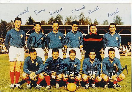Frankreich WM 1958 mit : Just Fontaine, Raymond Kopa, Armand Penverne, Jean Vincent  Fußball Autogramm Foto original signiert 