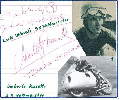 Carlo Ubbiali † 2020 & Umberto Masetti † 2006 Italien  Weltmeister  Motorrad Sport Autogramm Karte  original signiert 