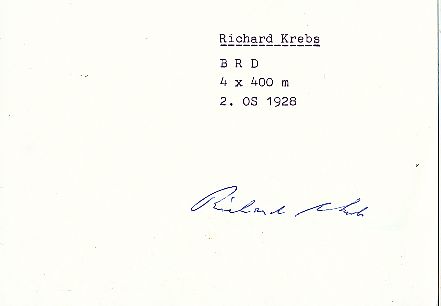 Richard Krebs † 1996 Olympia Silber 1928  4 x 400m  Leichtathletik  Autogramm Karte original signiert 
