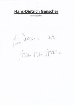 Hans Dietrich Genscher † 2015  Politik  Autogramm Blatt  original signiert 