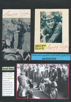 2 x  Geoffrey Duke † 2015 GB 6 x Weltmeister  Motorrad Sport Autogramm Karte  original signiert 