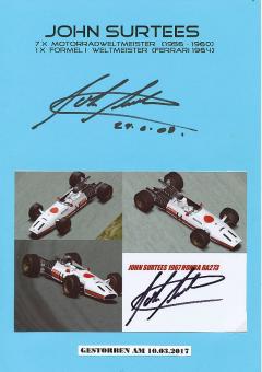 2  x  John Surtees † 2017  GB   Weltmeister Auto Motorsport  Autogramm Foto + Karte  original signiert 