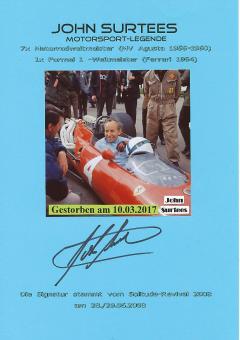 John Surtees † 2017  GB  Weltmeister  Formel 1  Auto Motorsport  Autogramm Karte original signiert 