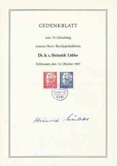 Heinrich Lübke † 1972  Bundespräsident  Politik Autogramm Gedenkblatt original signiert 