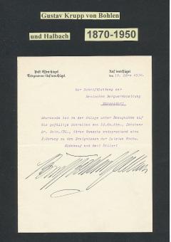Gustav Krupp von Bohlen und Halbach † 1950  Krupp Industrieller  Wirtschaft Autogramm Brief  original signiert 