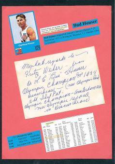 Bud Houser † 1994 USA  3 x Olympiasieger 1924 + 1928  Leichtathletik  Autogramm Karte original signiert 