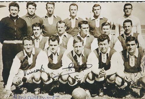 Raymond Kopa, R. Piantoni, J. Vincent   Frankreich  Stade Reims  Fußball Autogramm 30 x 20 cm Foto original signiert 