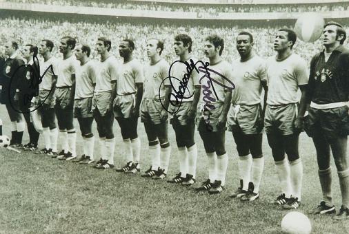 Brasilien Weltmeister WM 1970 mit  Carlos Alberto, Clodoaldo, Rivelino  Fußball Autogramm 30 x 20 cm Foto original signiert 