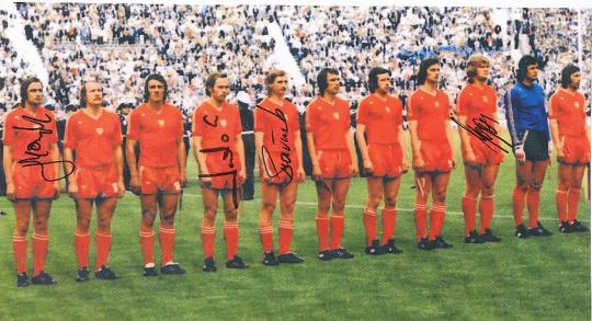 Polen WM 1974 mit: Gorgon, Szarmach, Lato, Maszzczyk  Fußball Autogramm 28 x 15 cm Foto original signiert 