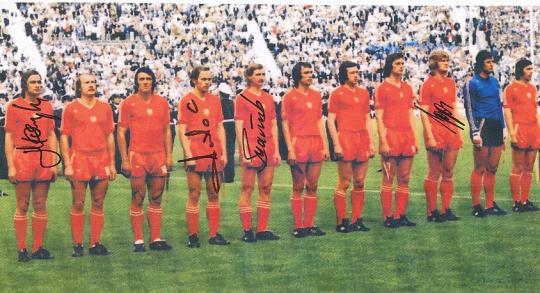 Polen WM 1974 mit: Gorgon, Szarmach, Lato, Maszzczyk  Fußball Autogramm 28 x 15 cm Foto original signiert 