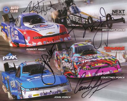 Brittany & Courtney & John Force & Robert Hight  USA  Auto Motorsport Autogrammkarte original signiert 
